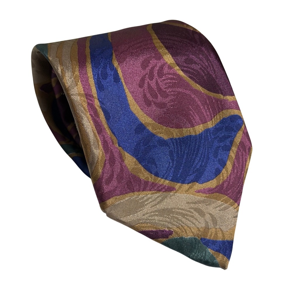 VTG Ketch Necktie Purple Blue Gold Abstract Geometric Pattern Polyester Mens OS
